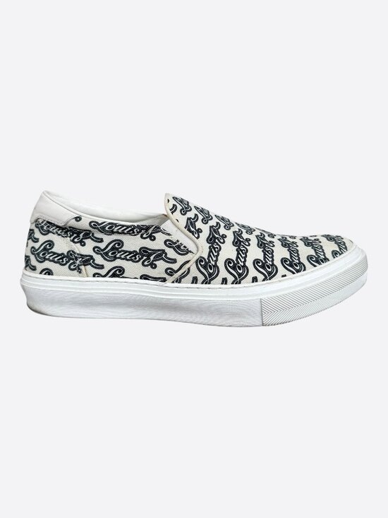 Louis Vuitton White & Black Repeat Logo Slip On Sneakers